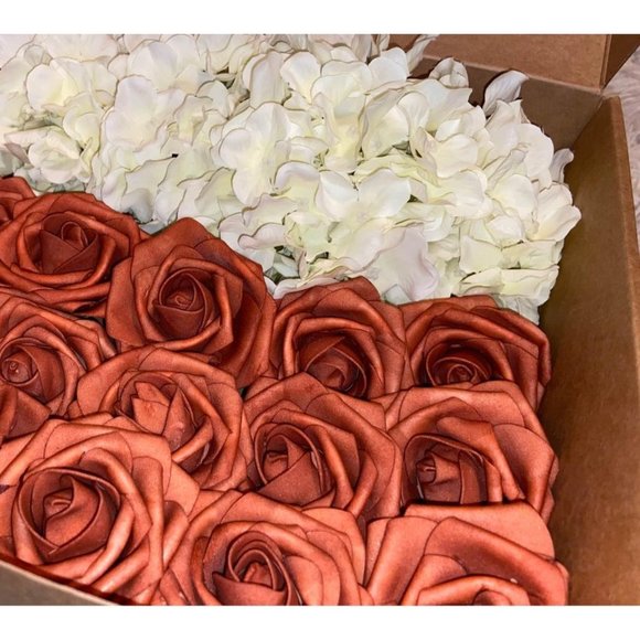 20 Count | Ivory Hydrangeas & Ling’s Terracotta Artificial Roses Wedding Flowers - Picture 3 of 3